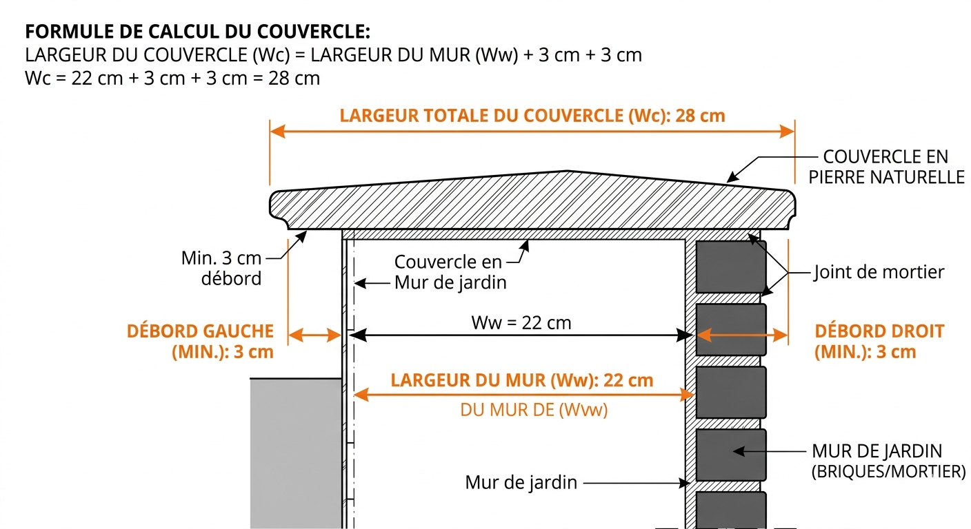 Schéma de calcul de la largeur de couvertine : règle des 3 cm de débord de chaque côté du muret