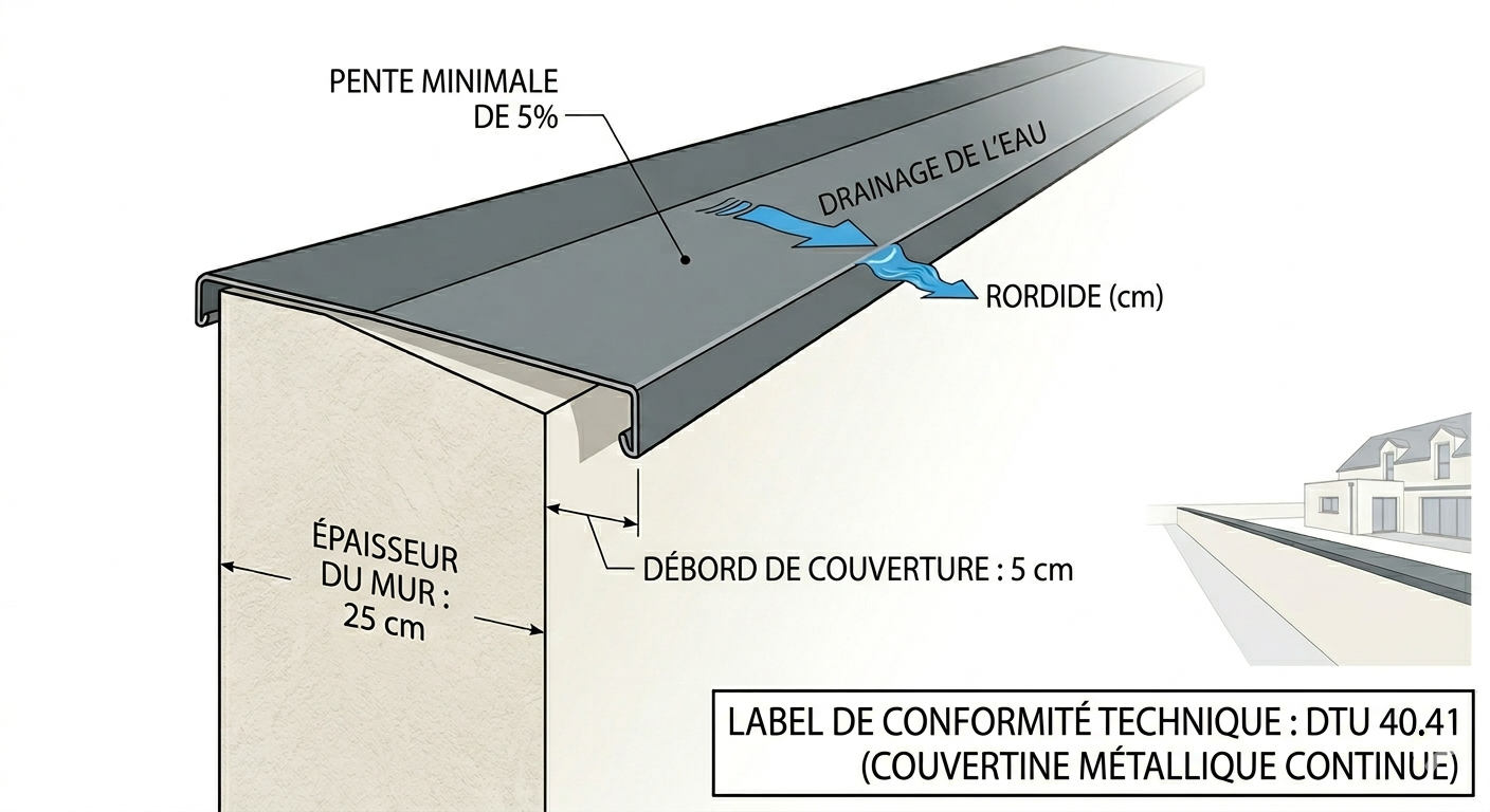 Schéma technique DTU 40.41 : pente minimale obligatoire de 5% pour couvertine sur muret