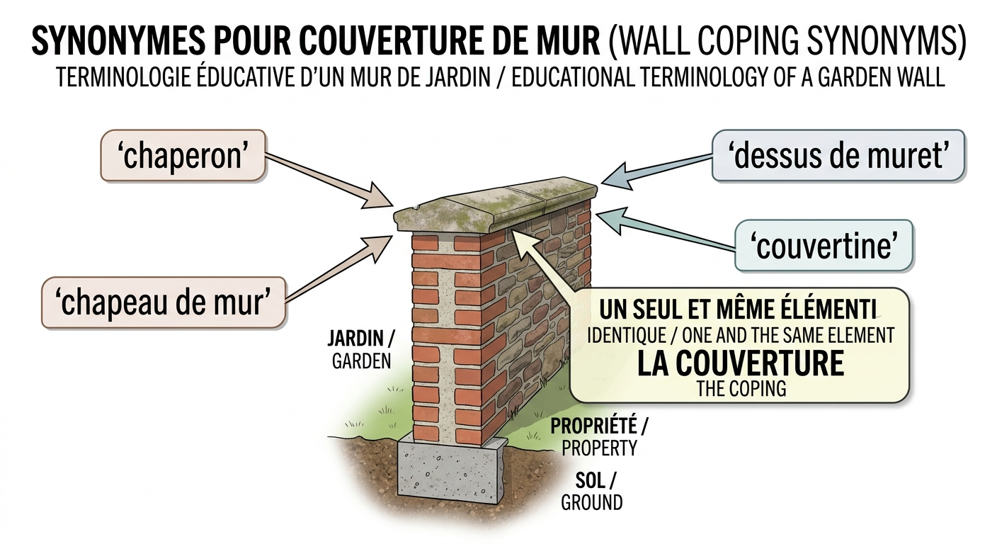 Infographie : chaperon = chapeau de mur = dessus de muret = couvertine — les 4 synonymes expliqués