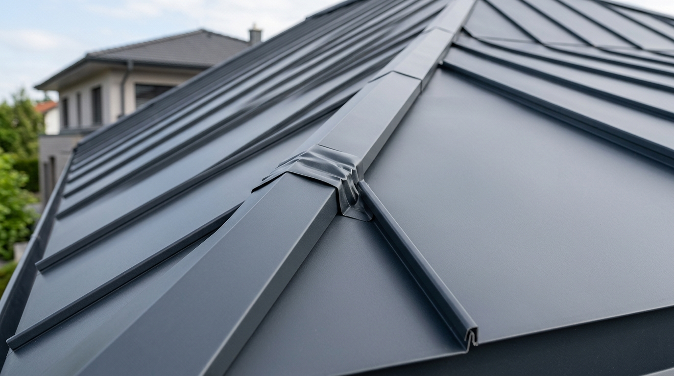 Toiture aluminium Prefa à joint debout posée sur maison à Bouguenais — détail des joints sertis