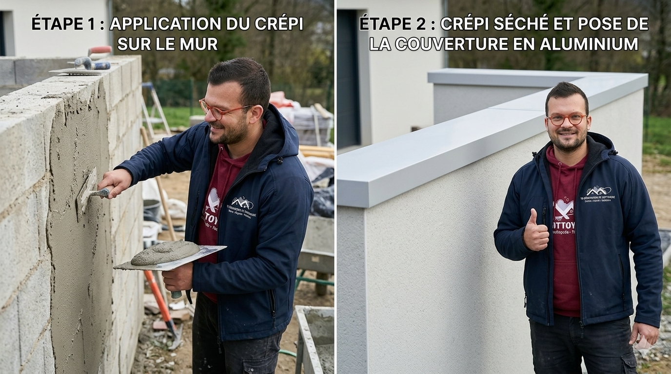 Ordre réglementaire : enduit façade d'abord, couvertine ensuite