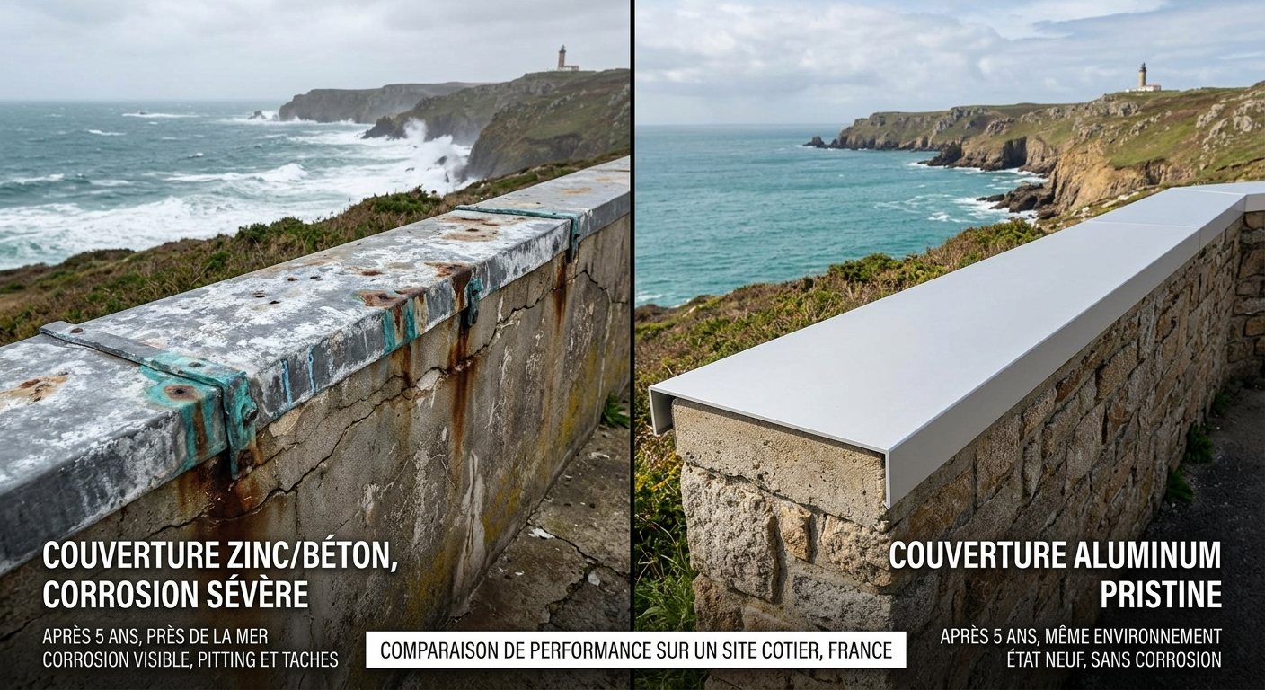 Corrosion marine : zinc/béton dégradés vs aluminium intact — comparatif 5 ans