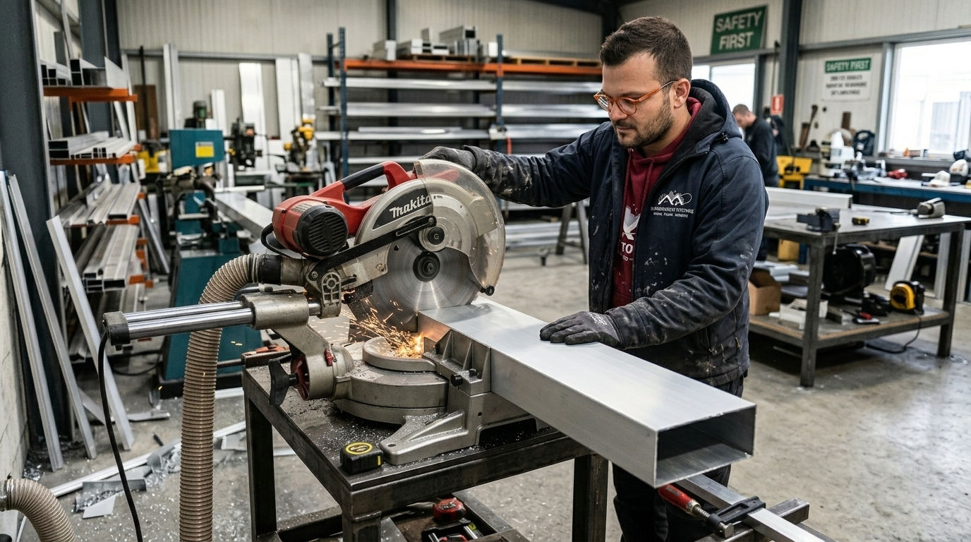 Découpe couvertine alu en atelier — scie circulaire lame carbure aluminium