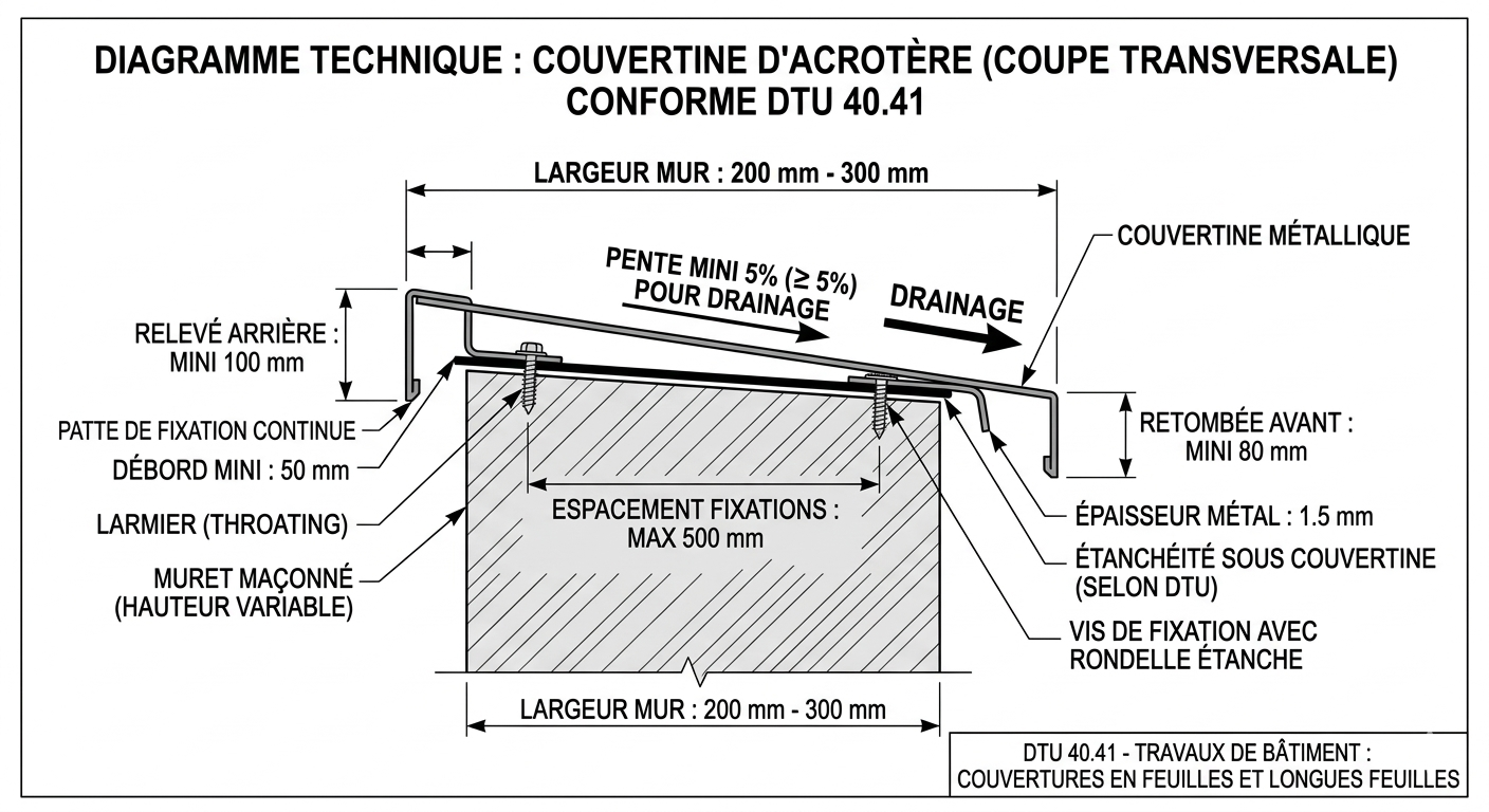 Schéma DTU 40.41 : pente minimale 5% couvertine aluminium muret