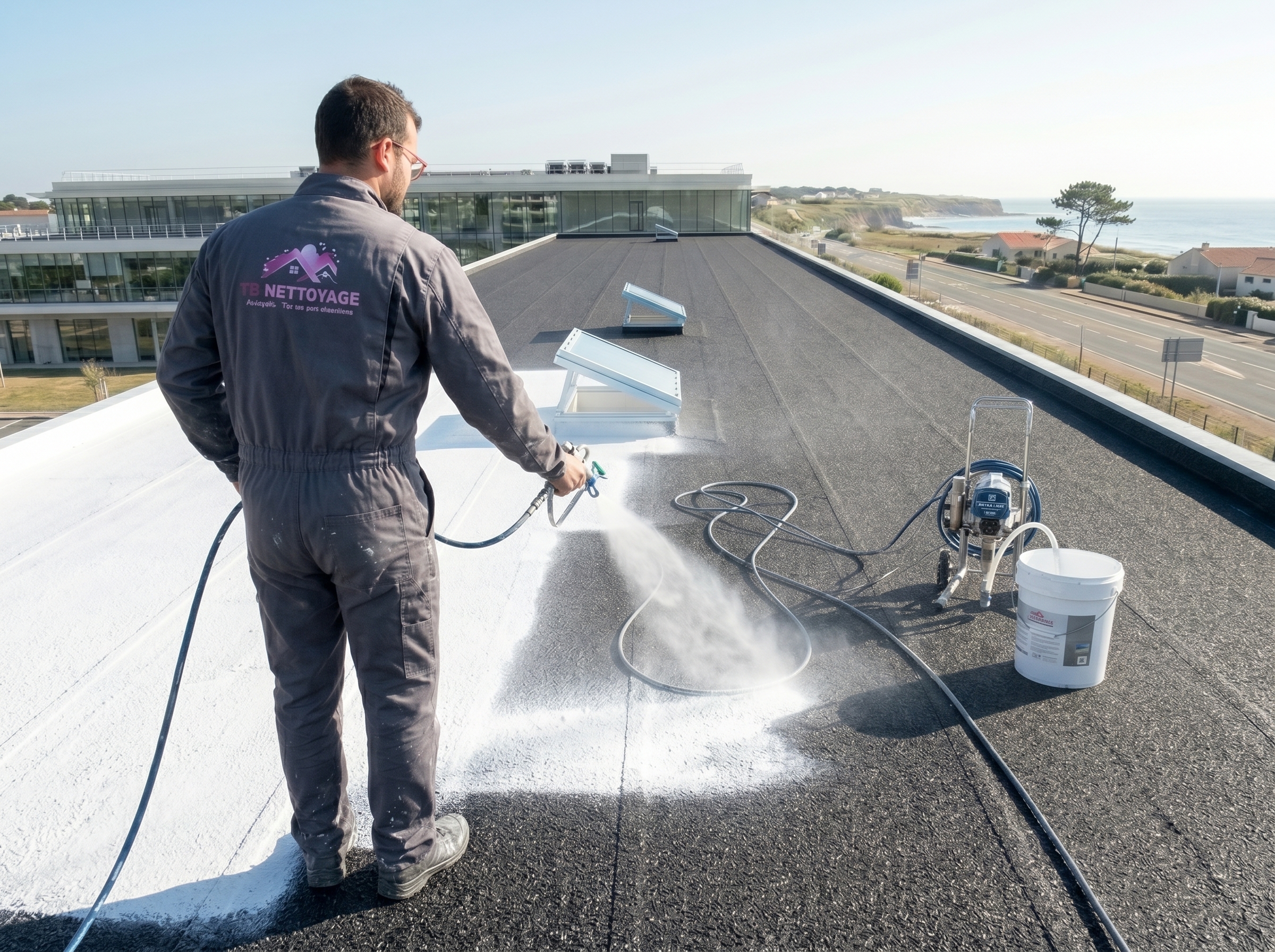 Application d'une peinture cool roof réfléchissante au pistolet Airless sur une toiture plate en Loire-Atlantique
