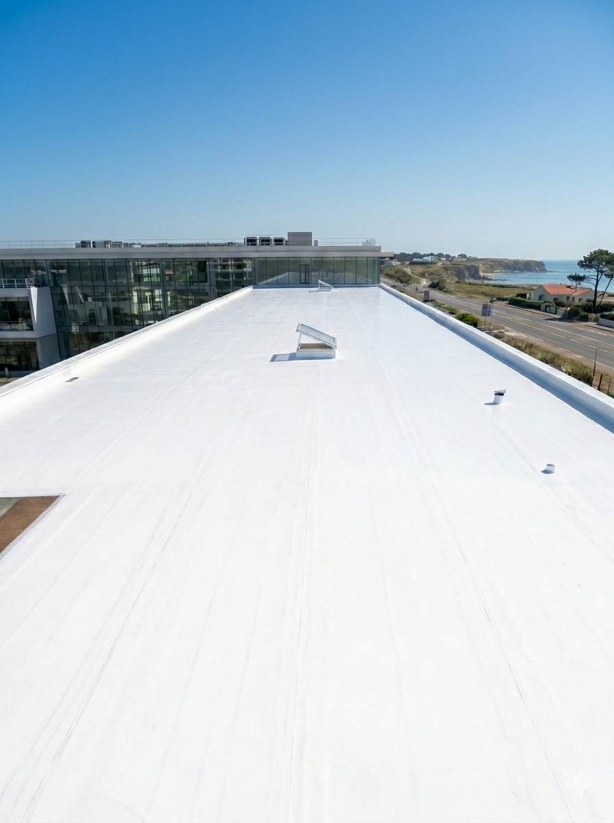 Après : toiture traitée en peinture cool roof blanche réfléchissante
