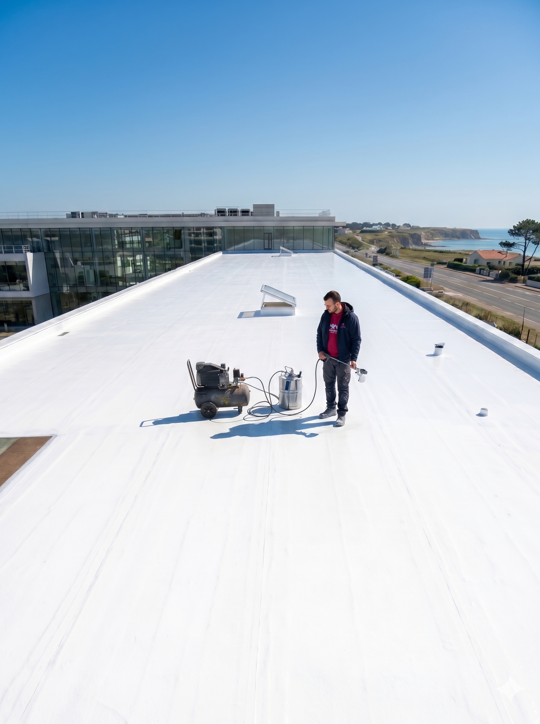 Après : toiture traitée en peinture cool roof blanche réfléchissante