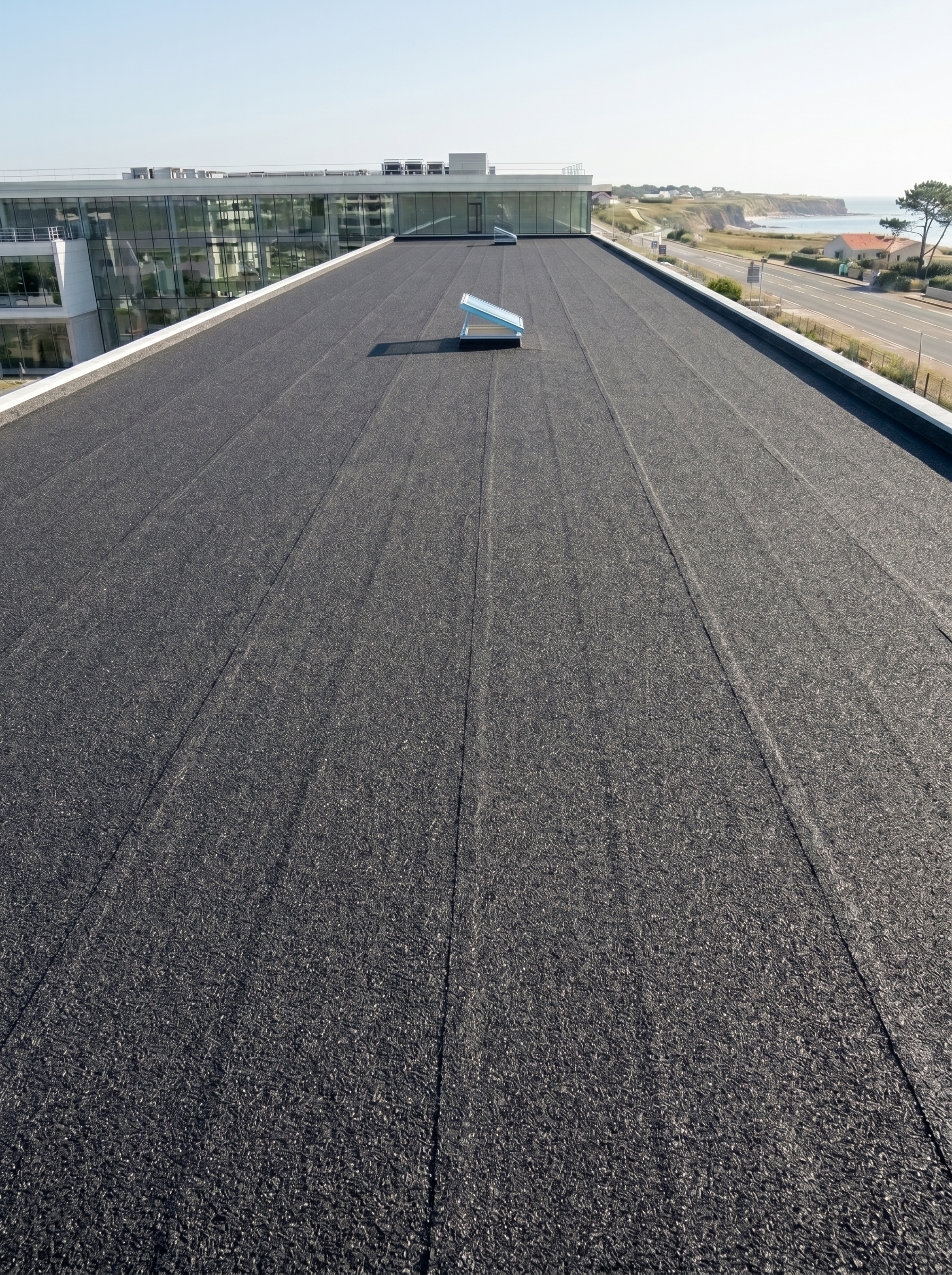 Avant : membrane d'étanchéité bitume noire avant traitement réfléchissant