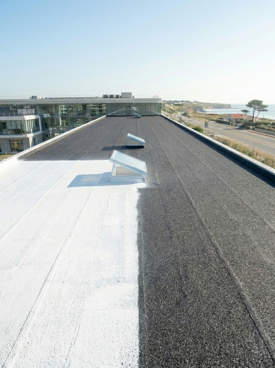 Application d'une peinture cool roof réfléchissante au pistolet Airless sur une toiture plate en Loire-Atlantique