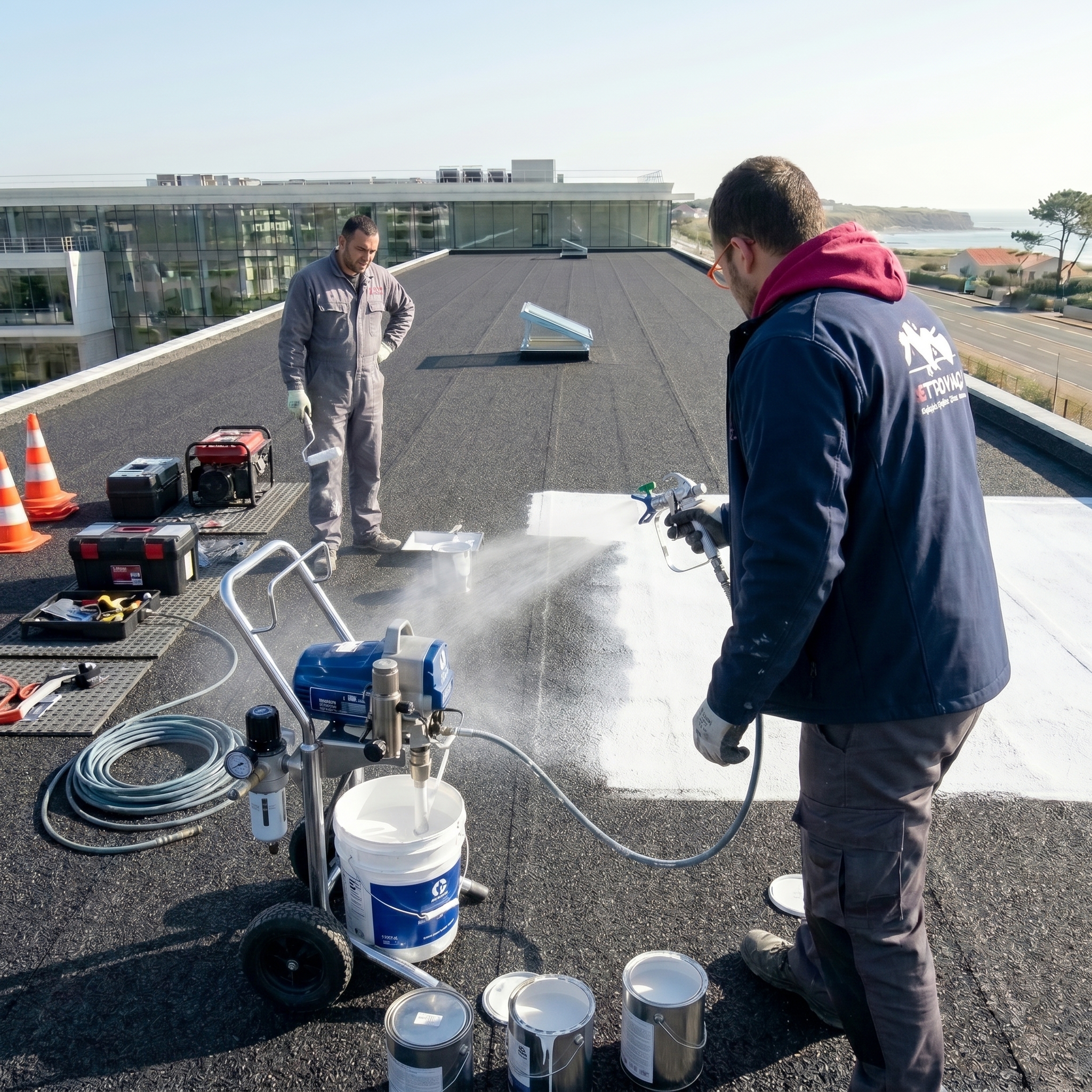 Équipe TB Rénovation et Nettoyage appliquant un revêtement cool roof sur une toiture en Loire-Atlantique