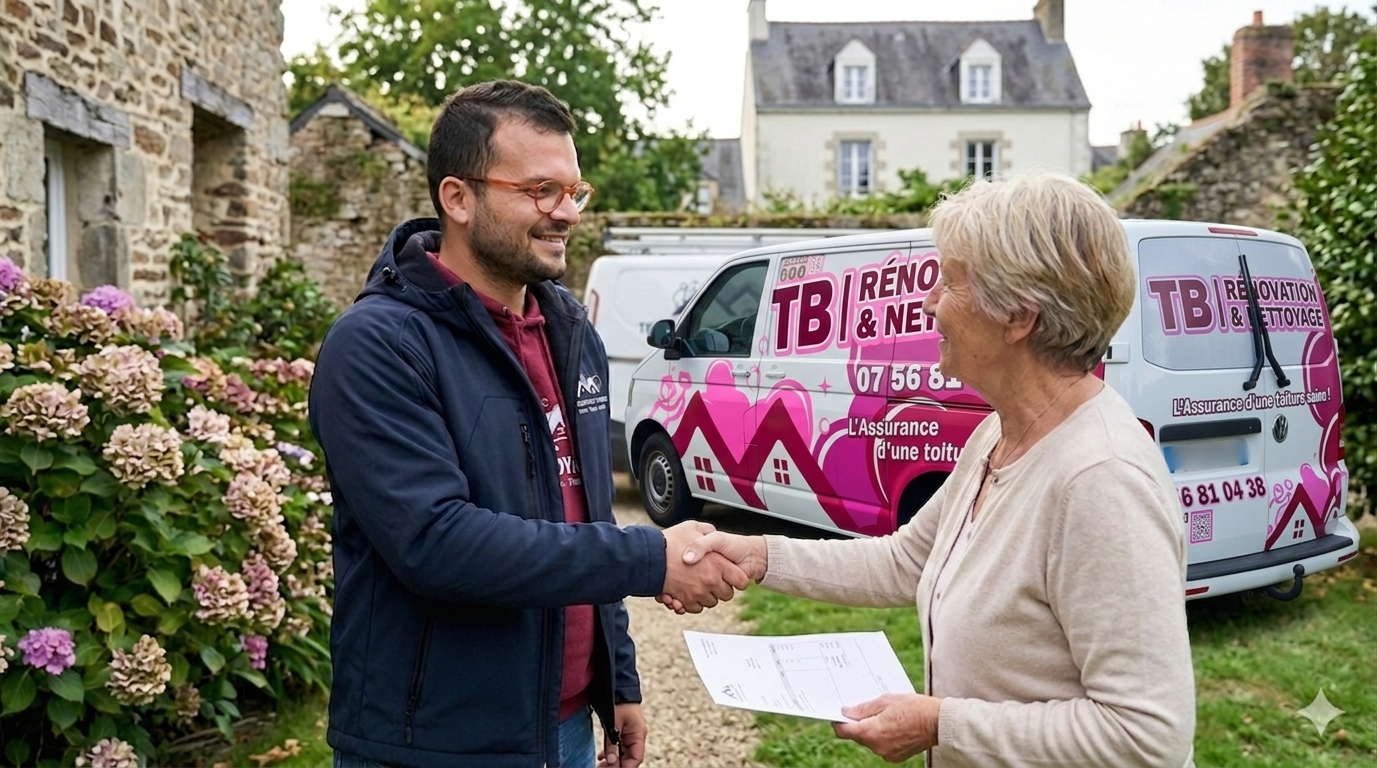Remise d’un devis à une cliente devant le véhicule de TB Rénovation & Nettoyage.